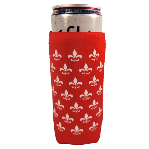 Red and White Fleur de Lis Shapes Slim Koozie