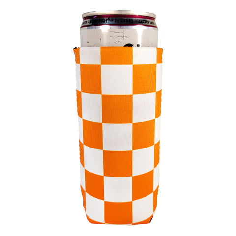 Orange and White Checkerboard Shapes Slim Koozie