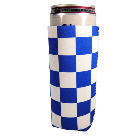 Blue and White Checkerboard Shapes Slim Koozie