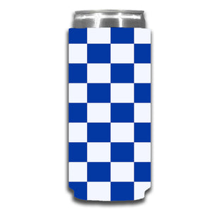 Blue and White Checkerboard Shapes Slim Koozie