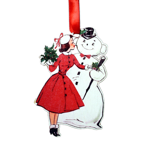 Vintage Lady with Snowman Ornament