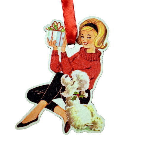 Retro Lady with Gift and Dog Wooden Ornament